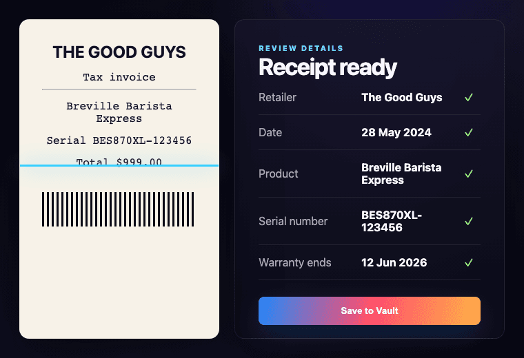 Vault receipt review with extracted fields