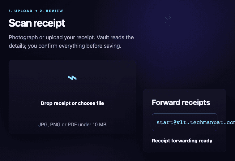 Vault scan and receipt upload screen