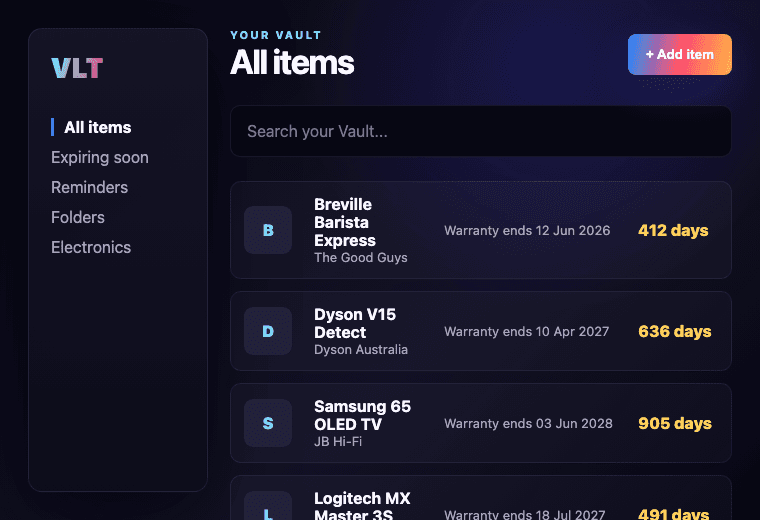 Vault item list with saved purchases and warranty dates